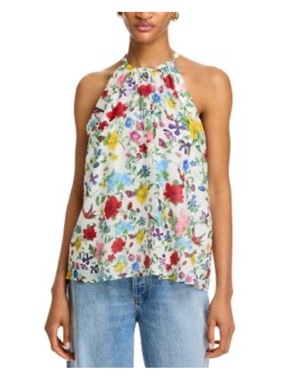 Alice and Olivia Floral Print Halter Neck Blouse, Size S, White Multi-color